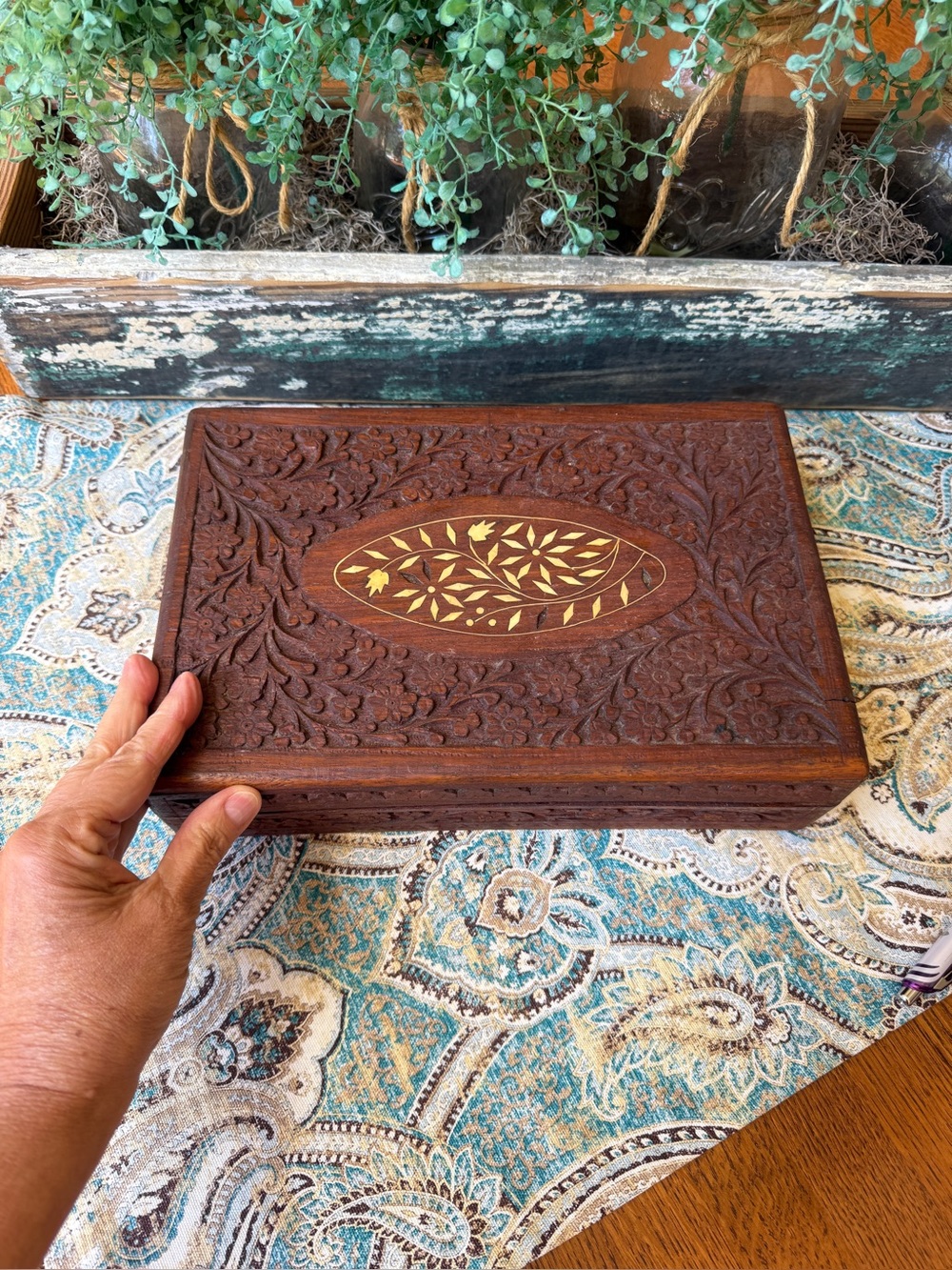 Carved Wood Jewelry Box Floral Inlay Large Keepsake Chest Vintage